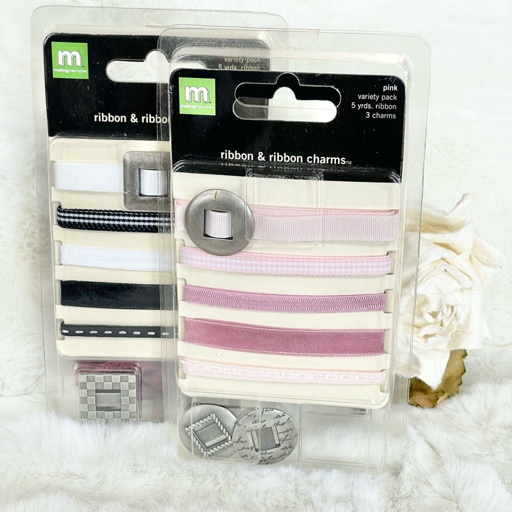 New with tag MAKING MEMORIES RIBBON & RIBBON CHARMS 2PK BUNDLE Blk/white & Pinks